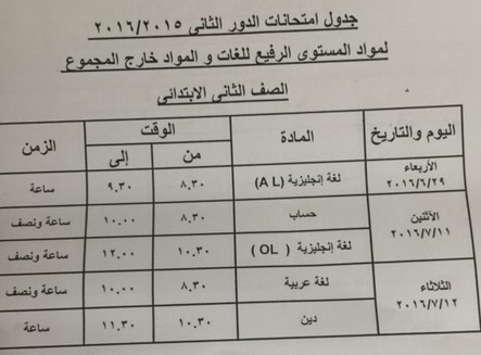 امتحان الدور الثاني 2015-2016 للصف الثاني الابتدائي