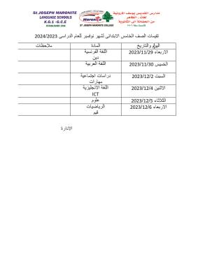 تقيمات الصف الخامس الابتدائى لشهر نوفمبر للعام الدراسى 2023/2024