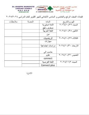 تقيمات الصف الرابع والخامس والسادس الابتدائي لشهر اكتوبر 2024-2025