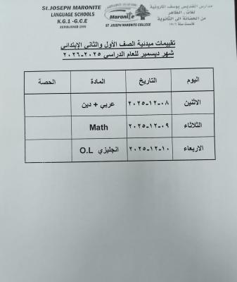 تقييمات ديسمبر للصفين الاول والثاني الابتدائي